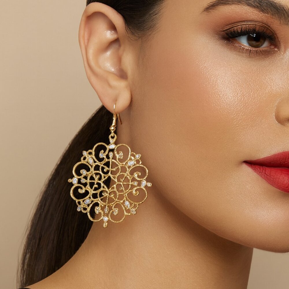 INC Gold‎ Tone Filigree Inspired Crystal Earrings